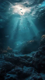 Sunlit underwater canyon where gentle fish drift in peace.