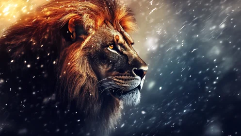 Profile view of lion in snow with contrasting light effects.