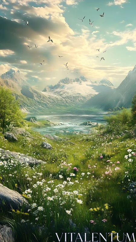 Gentle wildflower valley opening toward sunlit mountain lake.