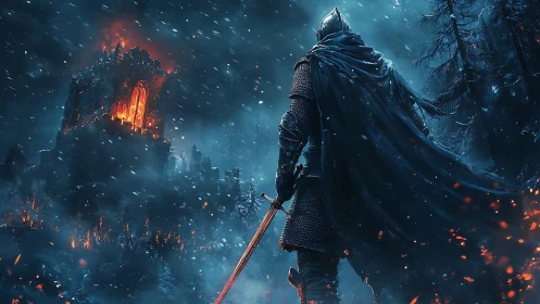 Armored warrior confronts burning fortress in frozen night.