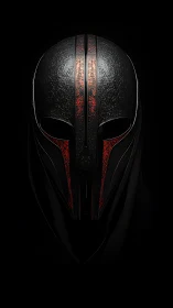 Dark futuristic metal helmet with red glowing details.