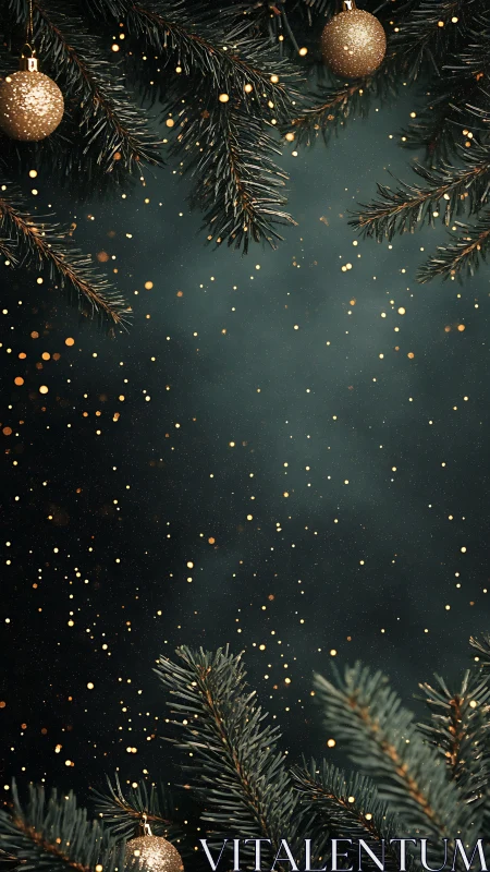 Glitter ornaments on fir branches with dark bokeh background.