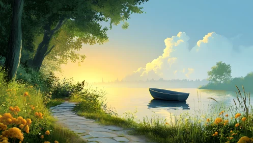 Rowboat rests on golden lake at tranquil sunrise