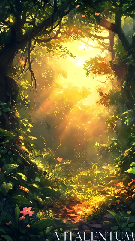 Golden Forest Pathway Glows With Enchanting Sunlight