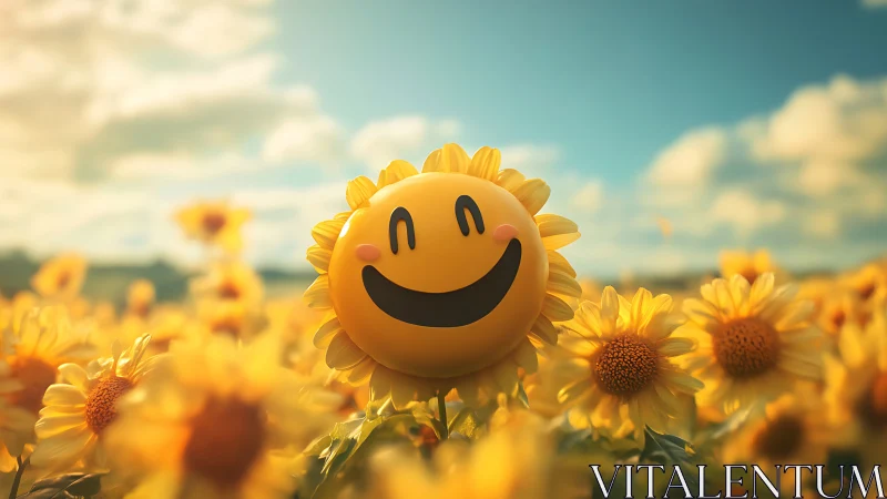 Smiley sunflower face brightens a golden summer meadow.