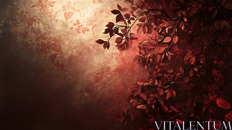 Radial backlit crimson foliage on textured grunge field.