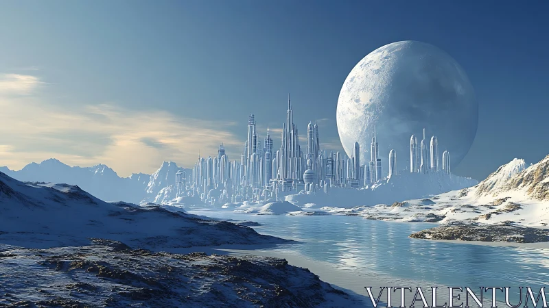 Glacial exoplanet megacity with reflective waterway and massive moon