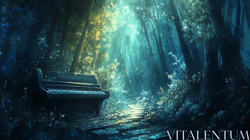 Forest piano catches dawnlight on a mossy, enchanted path.
