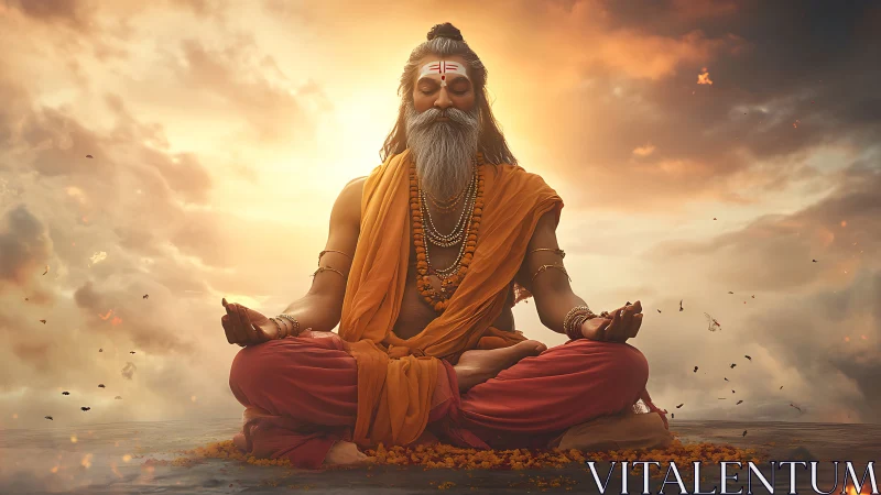 Sunlit ascetic in lotus posture amid atmospheric cloud field.