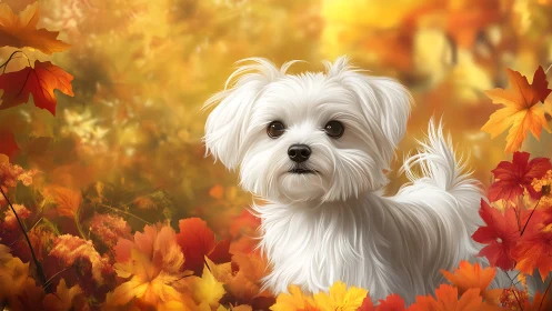 Tiny white autumn explorer pauses amid glowing maple leaves