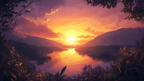 River valley sunset over glowing mountains and jungle.