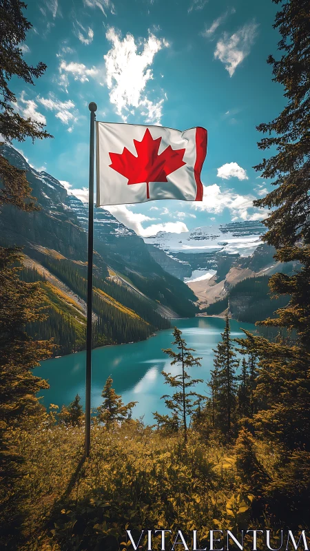 Canadian flag above turquoise alpine lake under bright sky
