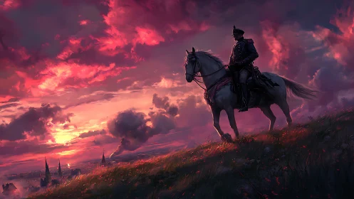 Mounted officer overlooking city under crimson sunset sky.