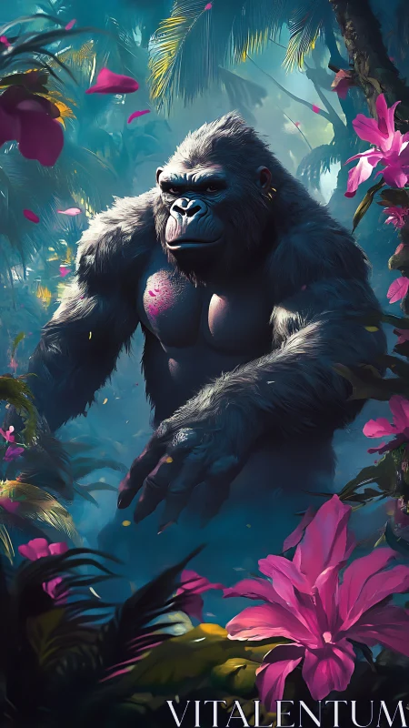 Silverback gorilla strides through neon-lit jungle bloom.