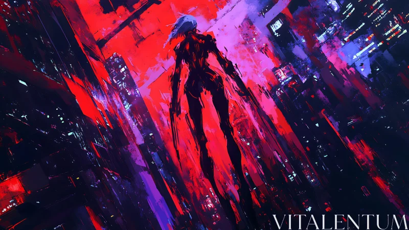 Neon phantom ascends through glitch-lit cyberpunk skyline.