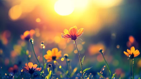 Backlit wildflower macro against golden hour bokeh field