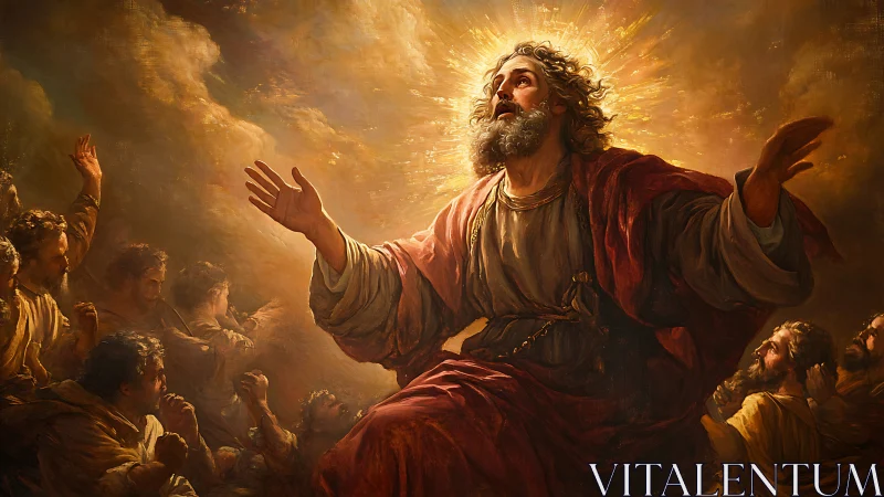 Radiant prophet ascends amid disciples in golden light.