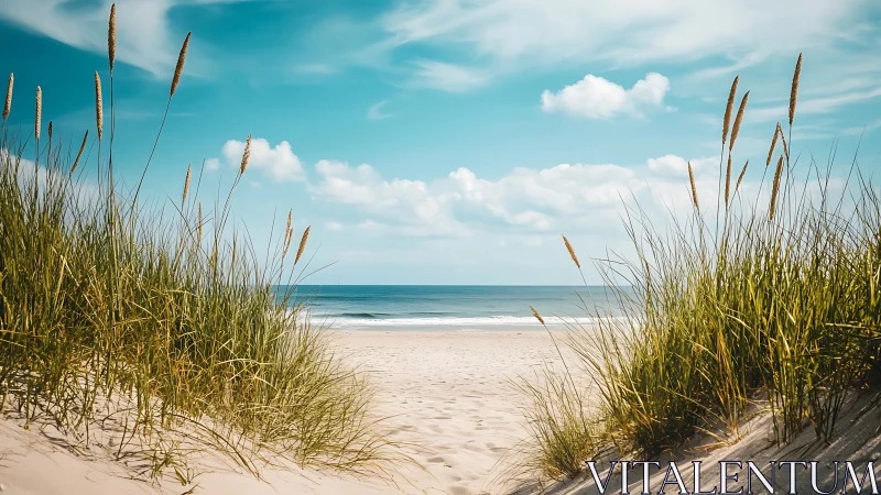 Sunny sand dune path opening gently to a calm blue sea.