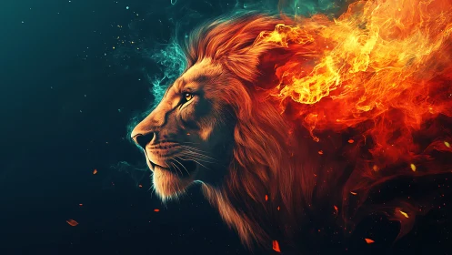Fiery digital lion profile merges mane with abstract flames