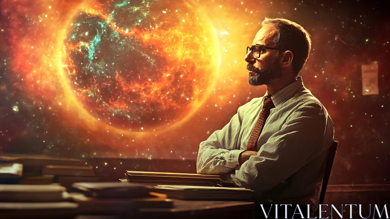Digital painting of contemplative scholar before stellar vortex.