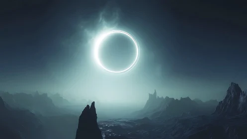 Circular luminous eclipse above rugged alien seascape.