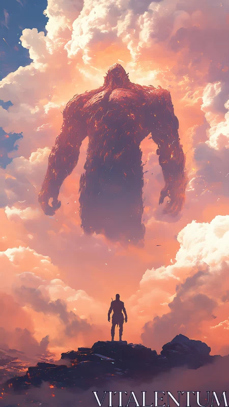 Lone warrior confronts colossal fire titan in blazing clouds