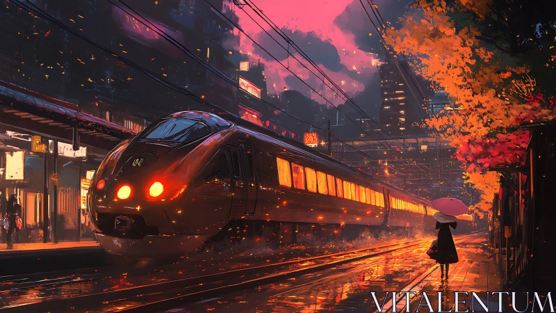 Soft autumn city lights embracing a glowing night train.
