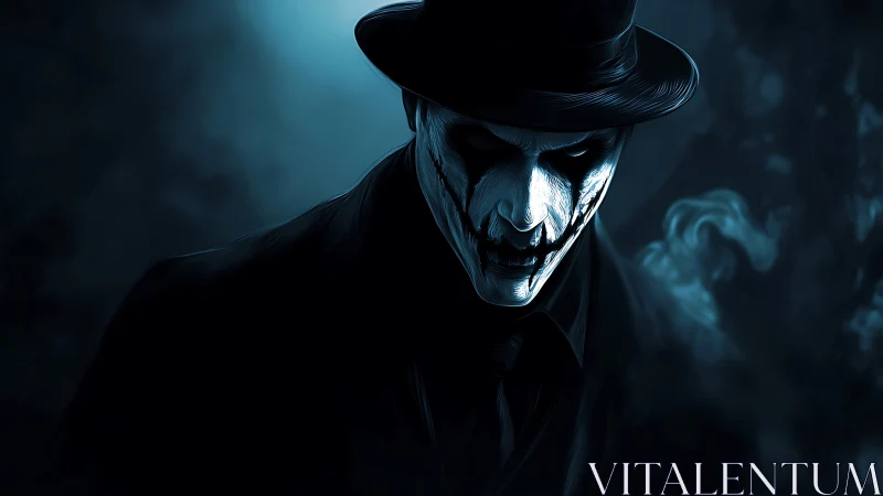 Sinister masked figure in hat rendered with high contrast lighting