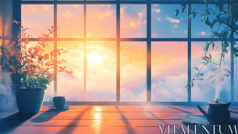 Sunrise window view with plants, coffee cup, and teapot.