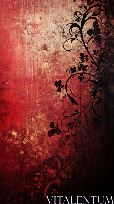 Grungy red background with dark floral vine pattern.