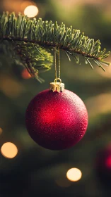 Red Christmas bauble hanging from evergreen branch.