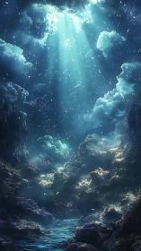 Celestial light shafts illuminate a fantastical ocean chasm