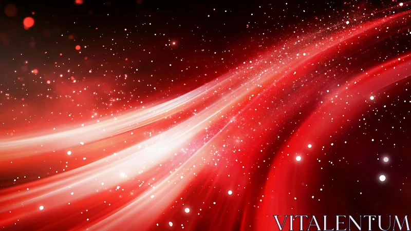 Vibrant red abstract light trails with glowing particles, digital art.