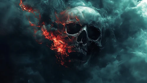 Flaming skull emerges from swirling teal smoke in darkness