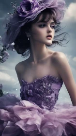 Elegant woman in lilac gown gazes into a dreamy twilight sky