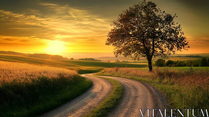 Gravel track curving through fields under low sunset sky.