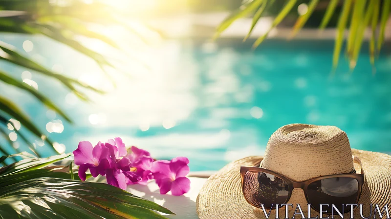 Straw hat and sunglasses by turquoise swimming pool.