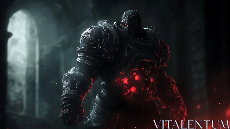 Runed infernal war golem in black plate within ruined hall