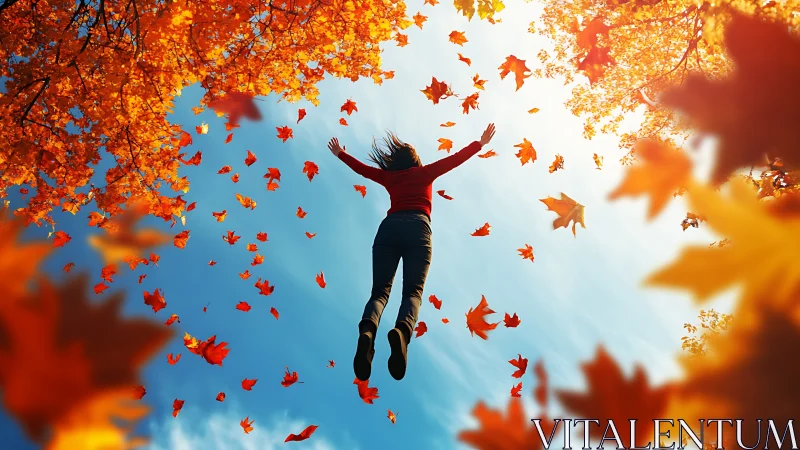 Joyful leap beneath swirling autumn maple leaves skyward.