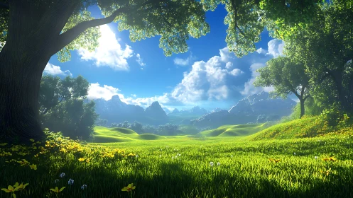 Sunlit valley meadow unfolds beneath bright summer sky.