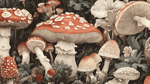 Clustered fly agaric mushrooms illustrated in dense forest
