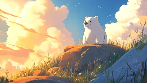 Cartoon polar bear sits on sunlit hilltop at sunset