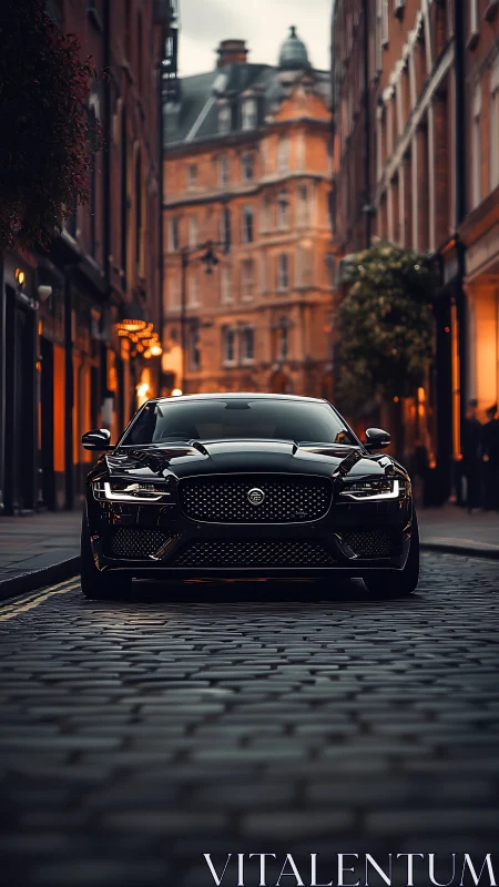 Midnight-black sports sedan prowls a cobbled city canyon