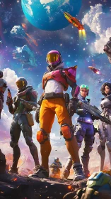 Starlit strike team rises beneath a blazing blue planet.