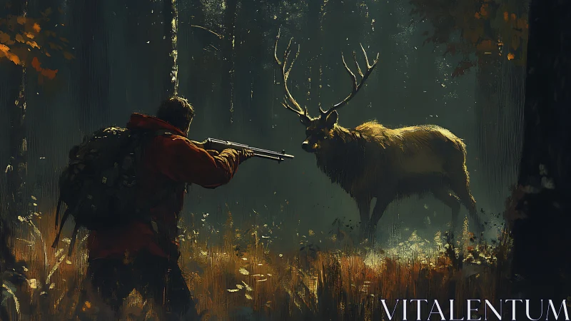 Hunter confronts stag in tense autumn forest standoff.