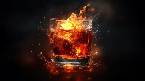 Whiskey Glass with Dramatic Flame and Splash Effect.