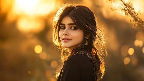 Golden hour portrait of woman with soft bokeh glow.