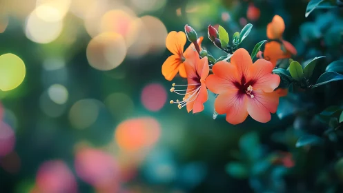 Orange hibiscus flowers with blurred bokeh background.