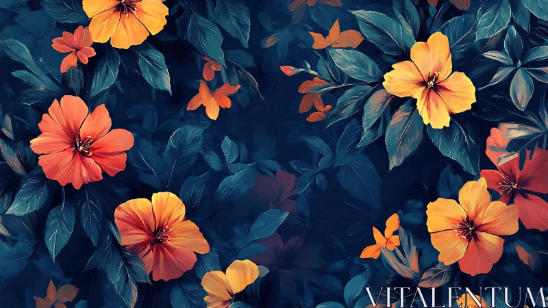 Vibrant flowers bloom against dark teal foliage background