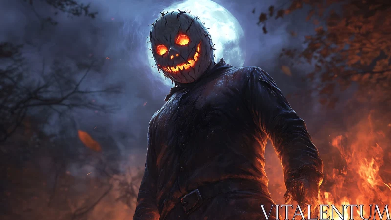 Pumpkin headed figure before full moon and surrounding fire.